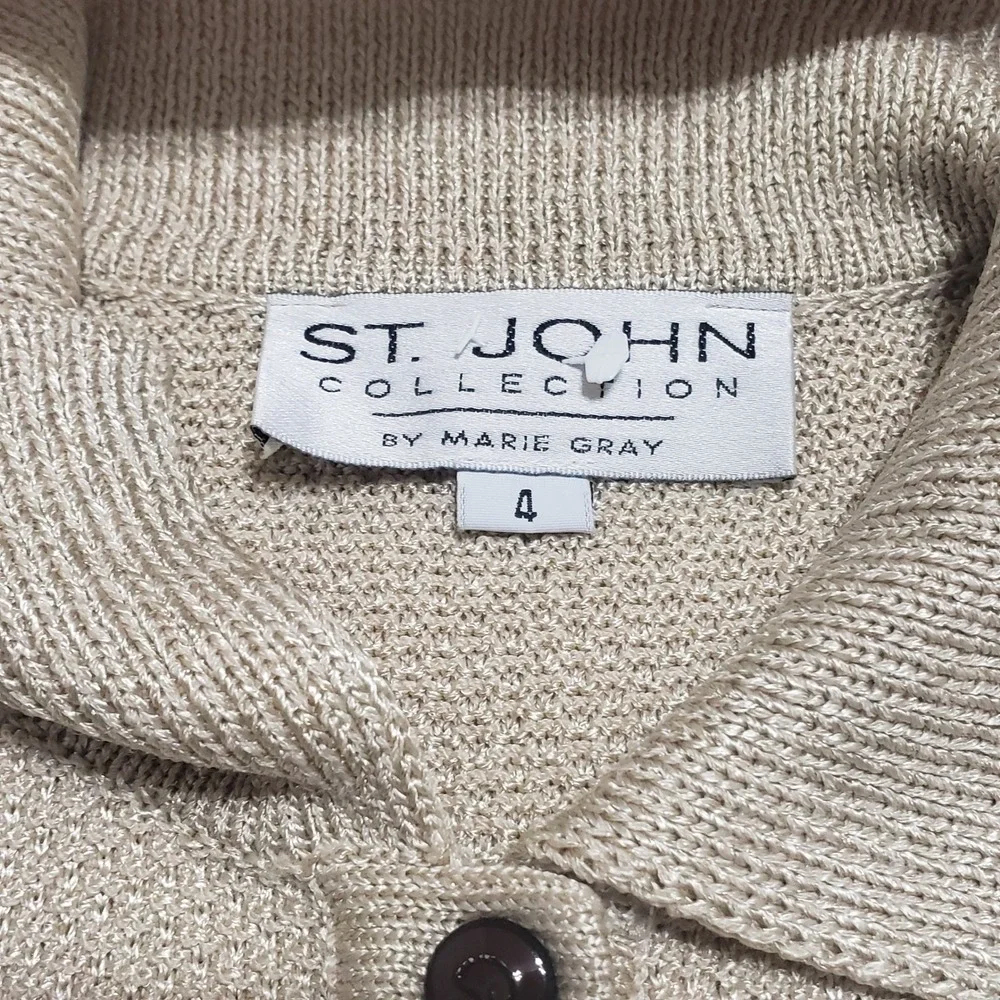 St John Collection Marie Gray Knit Sleeveless Polo Sweater Gold Metallic Size 4
